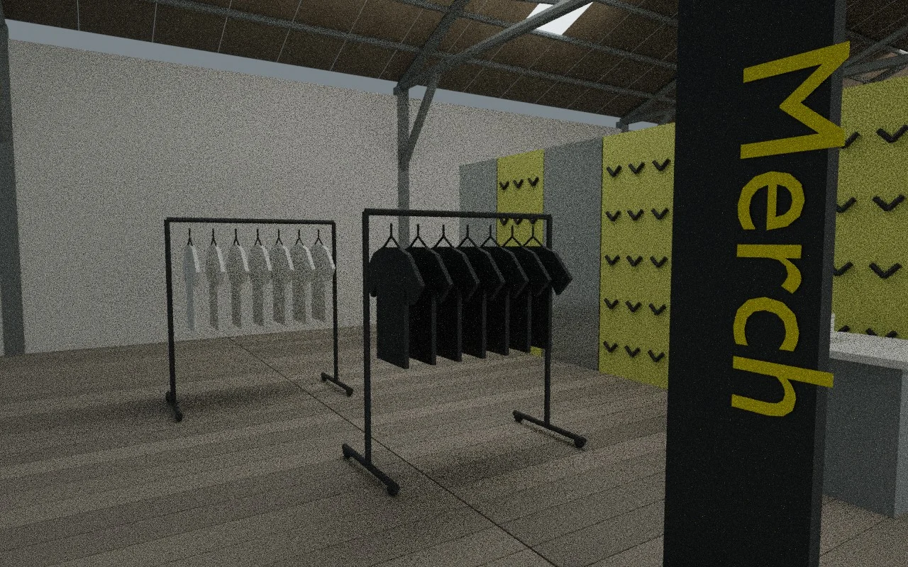 Merch a la izquierda de la llegada al hall, con percheros, prendas y letrero vertical reconstruidos